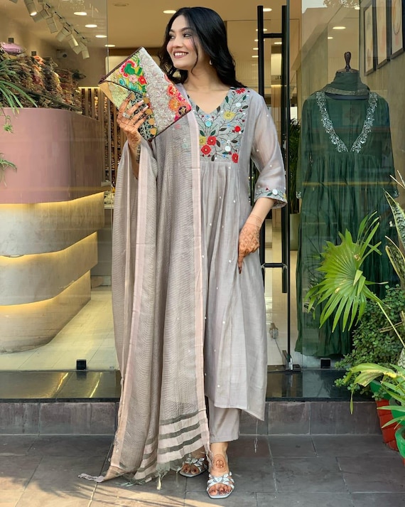 New Gray Anarkali Kurti set for women with Embroidery work and Dupatta,3 Piece Kurti Set Women, Salwar Kameez for women, Indian women Dress