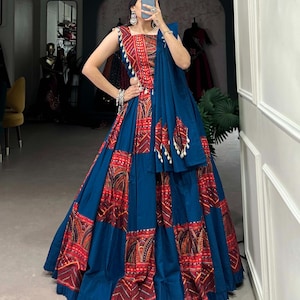 Blue Pure Cotton Navratri Chaniya Choli for Women with Gamthi Work, Full Stitch Lehenga Choli for Navratri, Women Garba Dresses, garba Lover