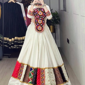 White Pure Rayon Cotton Navratri Chaniya Choli for Women with Mirror Work, Full Stitch Lehenga Choli for Navratri, Women Garba Dresses