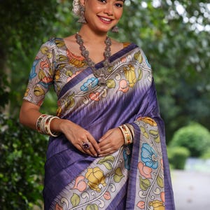 Designer Soft Tussar Silk Madhubani Print Kalamkari Rich Look Indian Traditional Printed Saree With Unstitched Blouse Piece