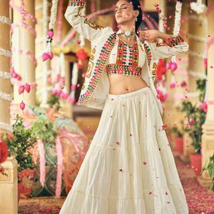 Pure cotton White Navratri chaniya choli for women with Kutchi Work, Full Stitch Lehenga Choli for Navratri,Indian Festival Outfit for women