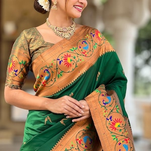 Heavy Rich Green Real Jari Paithani Silk Sarees for Women with Blouse Stitch Option, Designer Wedding Silk Saree for Women, Paithani Sarees