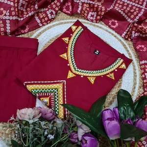 Maroon Straight Kurti set for women with  Embroidery work and Dupatta, 3 Piece Kurti Set, Salwar Kameez, Indian women Dress, Gift for her