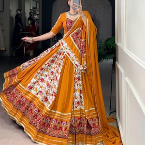 Pure cotton Patola Navratri chaniya choli for women with Gamthi Work, Full Stitch Lehenga Choli for Navratri, Festival Outfit for women