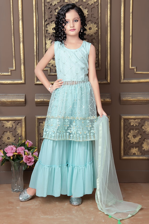 Kids Dress, Girls Dresses, Stylish Blue Kids Sharara Suit, Sharara