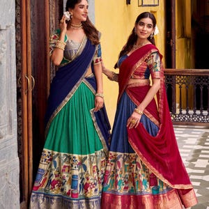 Traditional Kalamkari Silk Half Saree Lehenga Set for Women,Pavadai Sattai,ready made half saree southindian,Ready to Wear Half Saree