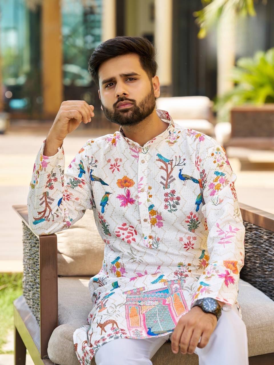 Mens Festival Wedding Outfit Pajama Shirt Outfit Men White Art