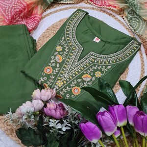 Dark Green Cotton Embroidered Kurti Set for Women – Stylish 3 Piece Suit with Pant & Dupatta main image 1