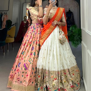 Demi sari en soie Paithani Lehenga de créateur traditionnel pour femme, Pavadai Sattai, demi sari prêt à l'emploi sud-indien, Paithani Lehenga Choli