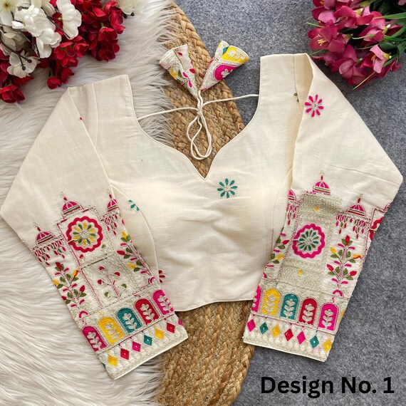 Off White Khadi Pure Cotton Readymade Blouse with Embroidery Work,Long Sleeves Readymade Blouses, Cotton Sarees blouse, White Lehenga Blouse