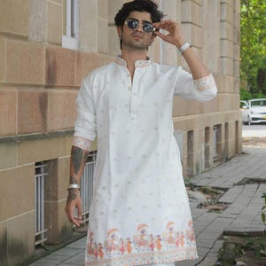 White Mens Kurta with Baraat Weaving Indian Mens wedding wear, Mens Ethnic Kurta dress, Manyavar Men&#39;s Kurta for Wedding,Boys Wedding Kurta