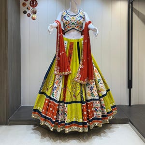 Multicolor Cotton Silk Navratri chaniya choli for women with Gamthi Work, Full Stitch Lehenga Choli for Navratri, Festival Outfit for women