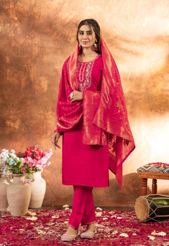 Designer Straight Kurti set for women with Hand Embroidery work and Dupatta, 3 Piece Kurtis For Women,Salwar Kameez, women Plus size Kurtis