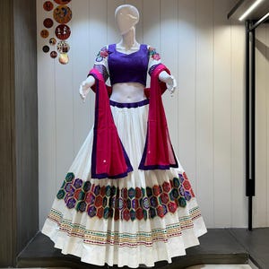 Pure cotton White Navratri chaniya choli for women with ajrakh border,Full Stitch Lehenga Choli for Navratri, Festival Outfit for women