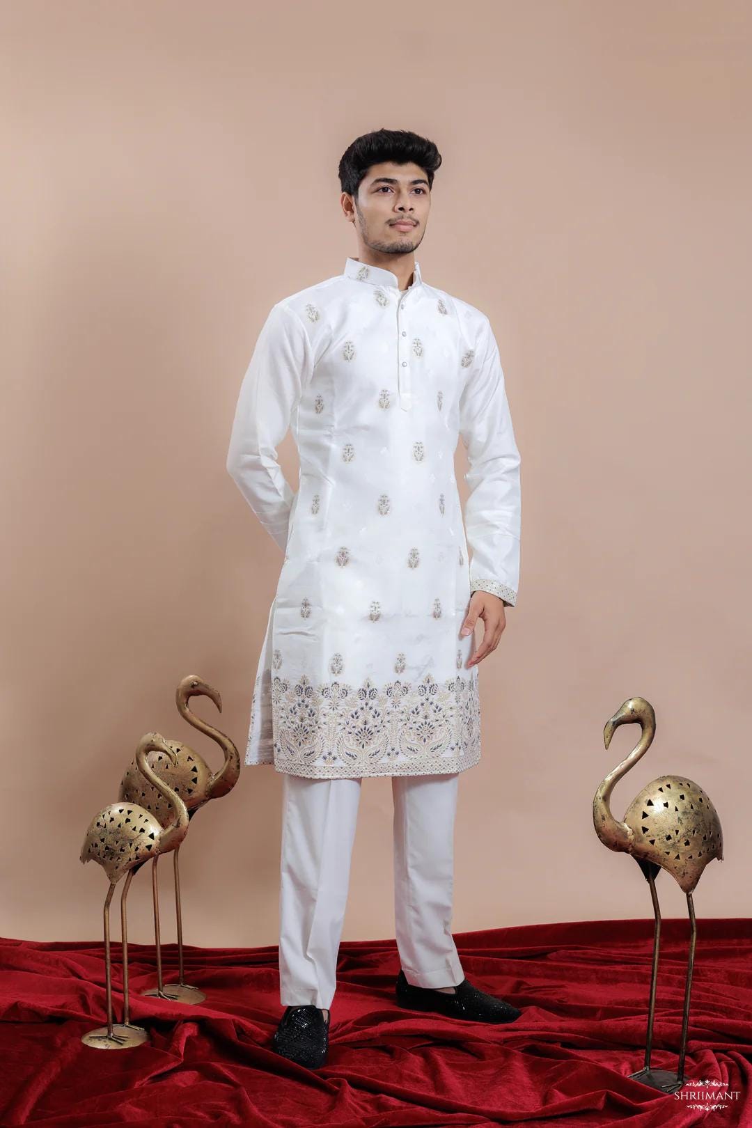 White Mens Kurta With Mahal Weaving Indian Mens Wedding Wear,mens