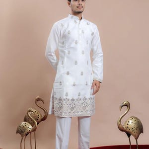 White Mens Kurta with Mahal Weaving Indian Mens wedding wear,Mens Ethnic Kurta dress, Manyavar Men&#39;s Kurta for Wedding, Boys Kurta
