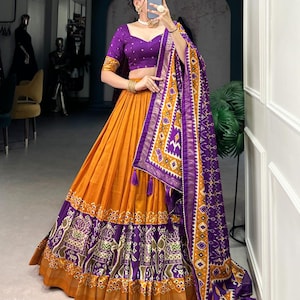 Designer Patola Print Tussar Silk Half Saree Lehenga for Women,Pavadai Sattai,ready made half saree southindian,Voni Lehenga for women