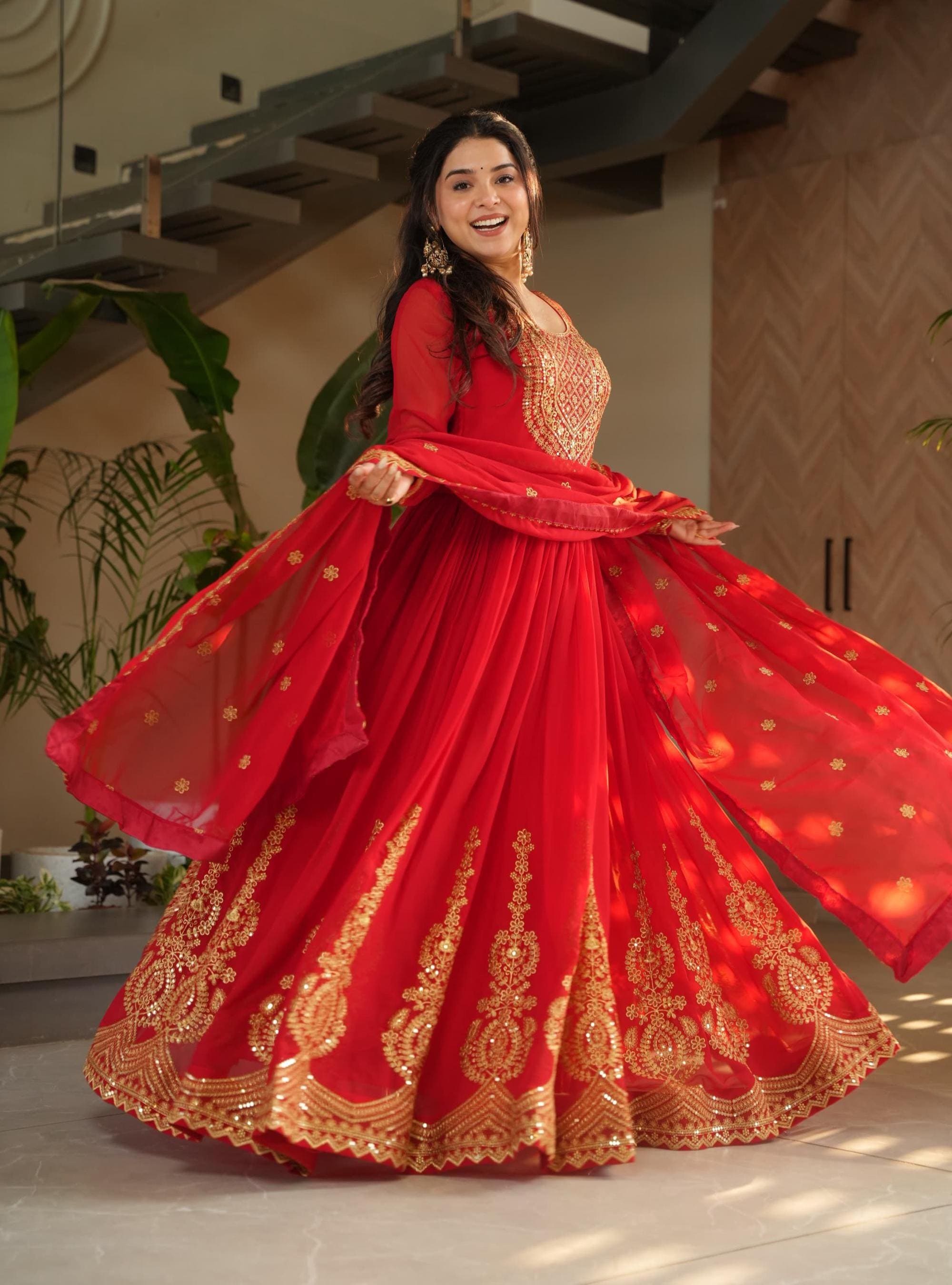 Stylish Red Ready to Wear Gown for Women with Embroidery Sequince Work, Wedding Gows for Women, Anarkali Gown, Indian women ethnic outfit