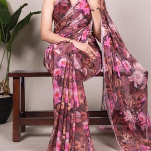 Bollywood Printed Chiffon Saree for Women Partywear Sarees for engagement function, Designer Saree for Wedding Function USA, Saree Gift
