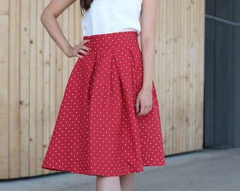 Red linen polka dot skirt | Lotika red linen skirt | Elegant linen skirt midi