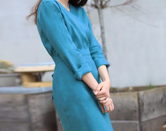 Long sleeve wrap linen dress | Wrap linen dress Lotika | Linen wrap dress for spring