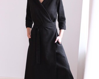 Long hemp wrap dress | Lotika hemp wrap dress | Natural hemp dress | Hemp dress 3/4 sleeves