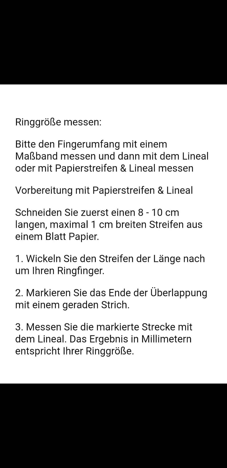 May include: Instructions in German for measuring ring size. The text describes how to measure finger circumference using a measuring tape or paper strip and ruler. The instructions are in German.