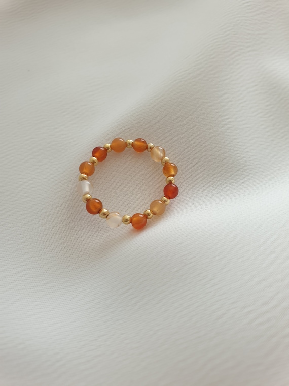 Elastischer Carneol Achat Ring, Edelsteinring, vergoldet, Heilsteine, elastisch
