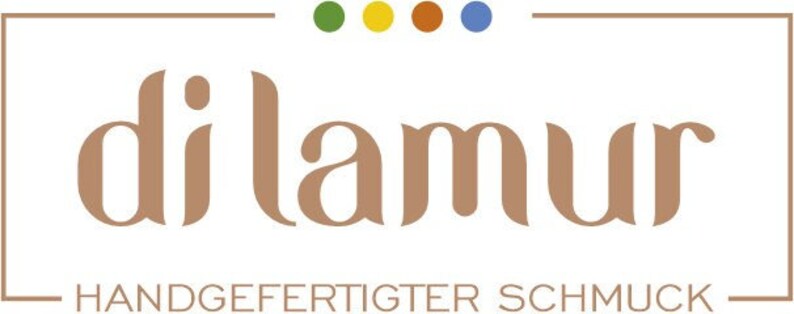 May include: The logo for "dilamur" features a stylized, light brown font within a rectangular border. Above the text are four colored dots: green, yellow, orange, and blue. Below the name, the text "HANDGEFERTIGTER SCHMUCK" is displayed.
