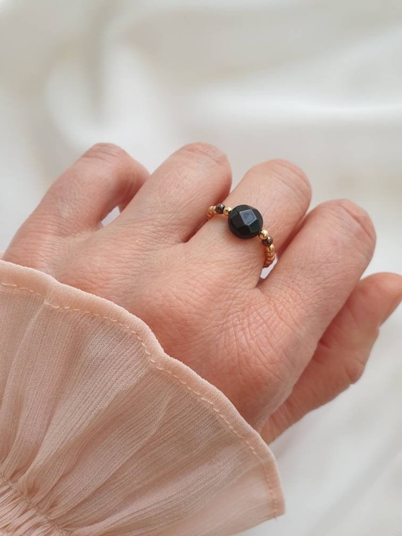 Achat / Elastischer Ring / Hämatit / Edelstein / Heilstein / schwarz / Gold