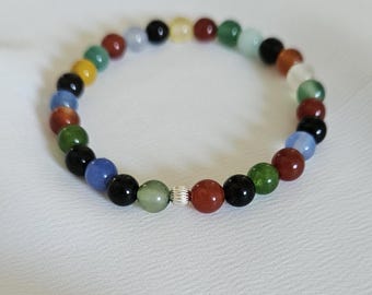 Armband aus Achat und Jade Perlen, Silber, rebeles Armband, Boho, elastisches Armband