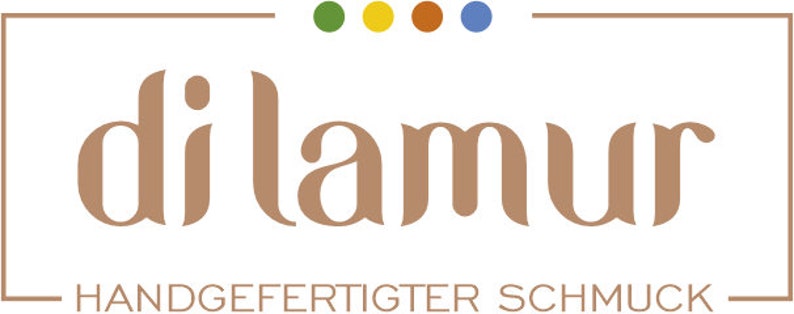 May include: Logo for "dilamur" in a serif font, with the text in a light brown color. The logo is enclosed in a rectangular border. Above the text are four colored dots: green, yellow, orange, and blue. Below the text is the phrase "HANDGEFERTIGTER SCHMUCK".