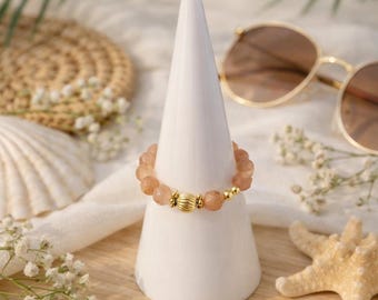 Sonnenstein Edelstein Ring, Summer Ring, elastischer Ring, beige, Gold