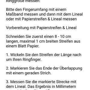 May include: White background with German text providing instructions on how to measure ring size. The text details using a measuring tape or paper strip and ruler to determine the correct finger circumference.