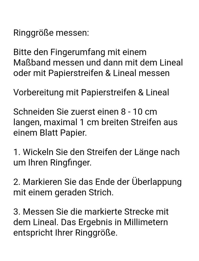 May include: White background with German text providing instructions on how to measure ring size. The text details using a measuring tape or paper strip and ruler to determine the correct finger circumference.