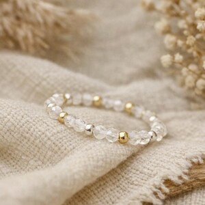 Bergkristall elastischer Boho Ring – Handgemachter Kristallring, 925 Silber, Gold, Sommer Schmuck
