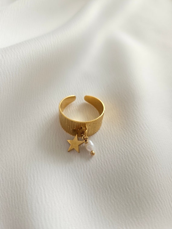 Edelstahl offener Ring mit Süßwasserperle, offener Goldring, Süßwasserperle, Gold, Weihnachten, weiß, Ring mit Anhänger, 18 Karat Gold