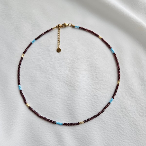 Granat Halskette,  Edelstein Halskette aus Granat Steinen,  Heilsteine, Edelsteine, Türkis, Gold
