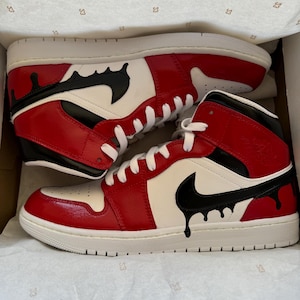 Custom Air Jordan 1 Mid | Black Drip Swoosh | Red & White Hand Painted Jordans | Chicago-Inspired Custom Sneakers | One of a Kind Gift