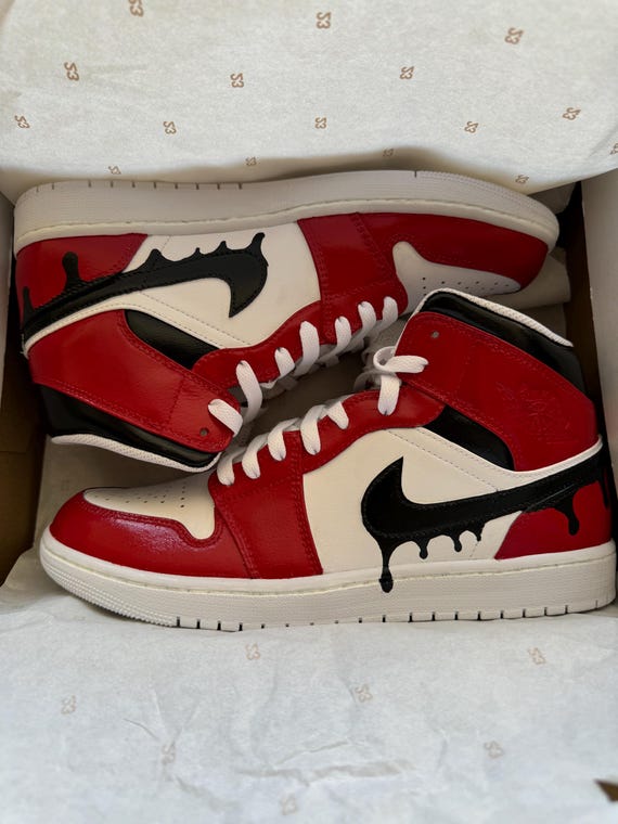 Custom Air Jordan Mid Black Drip Swoosh Red White Hand
