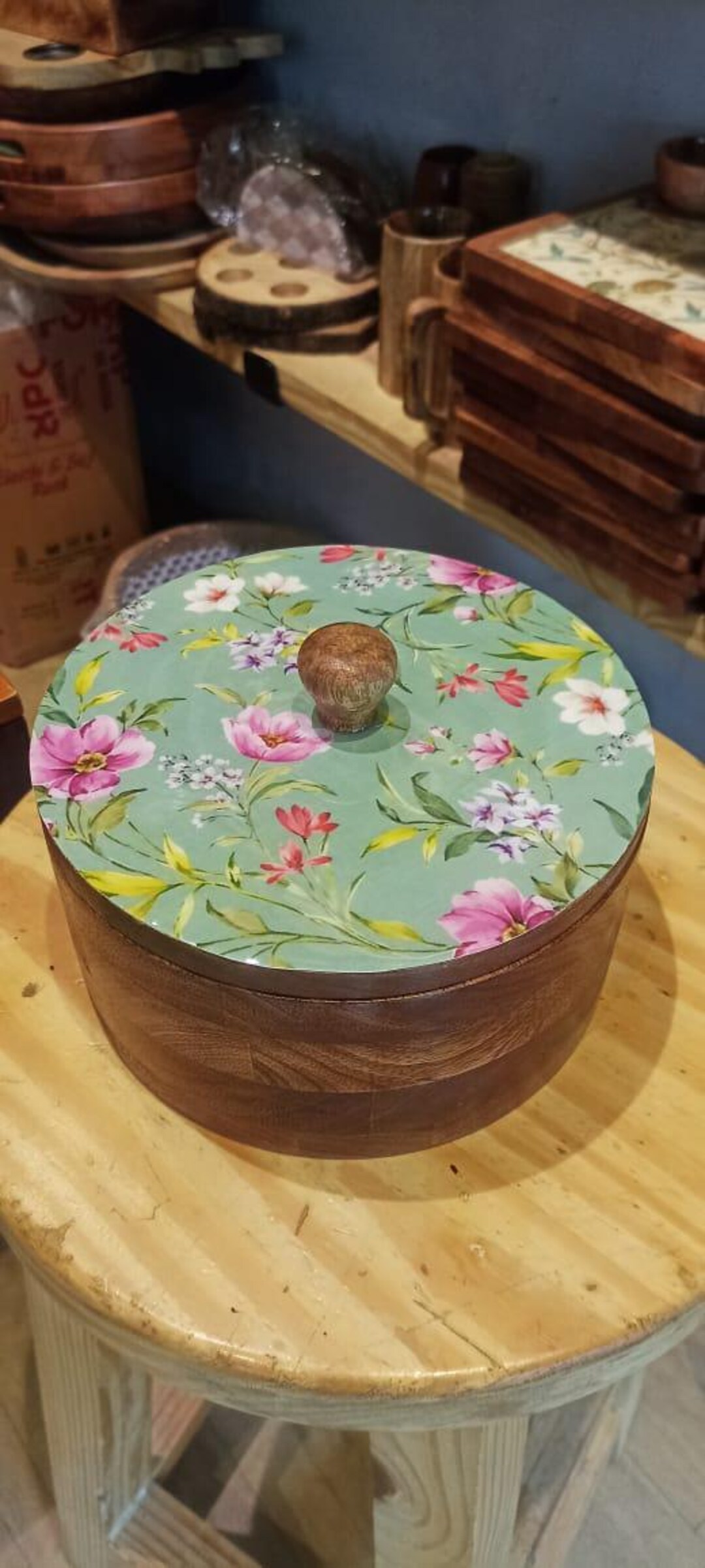 Handcrafted Wooden Chapati Box With Printed Lid. Condiment Box/roti Box ...