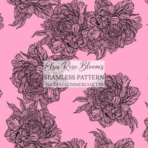 Könnte beinhalten: Nahtloses Muster mit großen, detaillierten schwarzen Blumen auf leuchtend rosa Hintergrund. Der Text "Elsie Rose Blooms", "SEAMLESS PATTERN" und "350 DPI | COMMERCIAL USE" ist zu sehen.