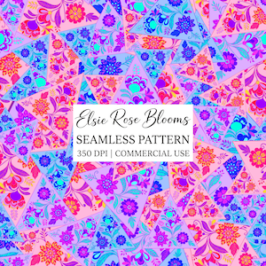 Könnte beinhalten: Ein nahtloses Muster mit einer geometrischen Anordnung von Dreiecken, gefüllt mit lebendigen Blumenillustrationen in Rosa-, Lila-, Blau- und Orangetönen. Der Text Elsie Rose Blooms SEAMLESS PATTERN 350 DPI | COMMERCIAL USE ist zentriert.