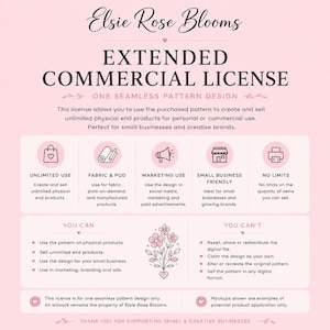 May include: A pink and white graphic detailing an extended commercial license from Elsie Rose Blooms. The license covers the use of a seamless pattern design for creating and selling physical products, with marketing and unlimited use.
