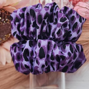 Purple and Black Cheetah Scrunchie, Purple and Black Leopard Print Hair Ties, Wide Elastic Scrunchie, Hair Accessories