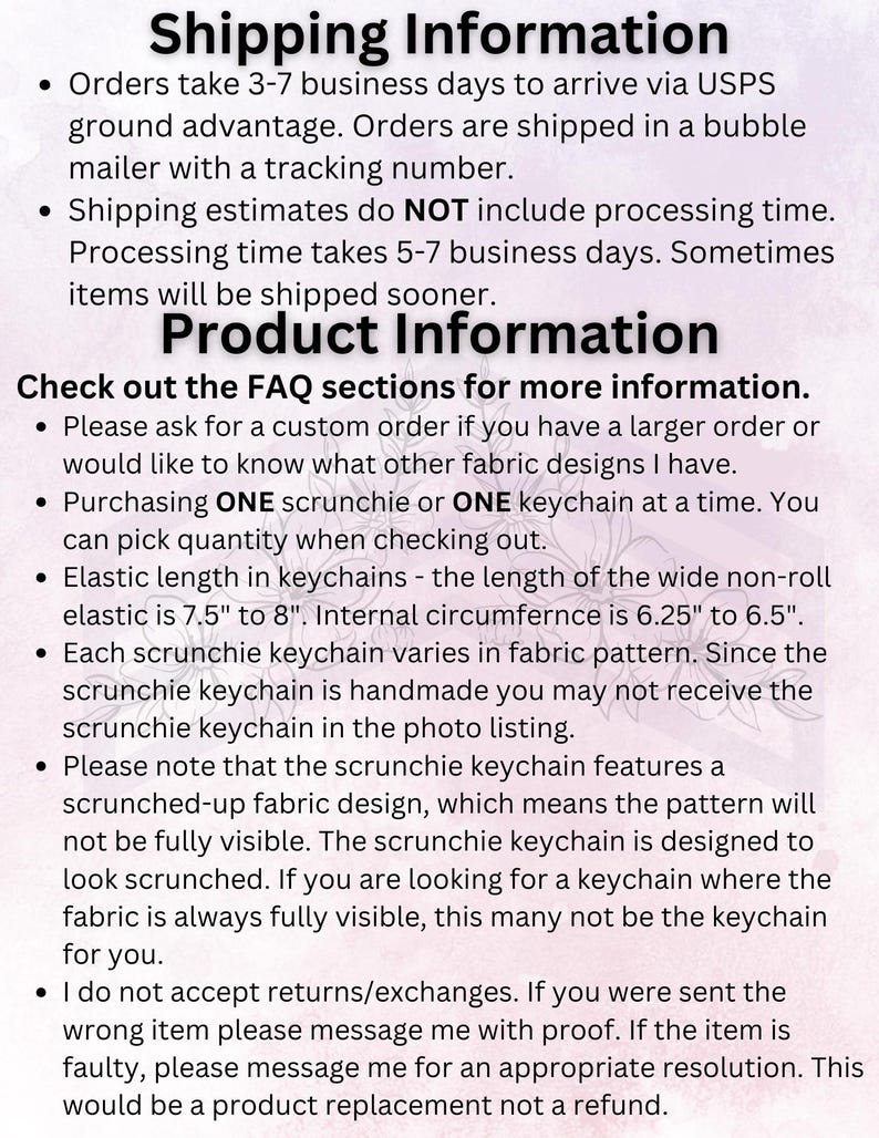 Image of shipping information, processing time, holiday shipping, and product information. All information can be found in the FAQ section or the shop announcement section.