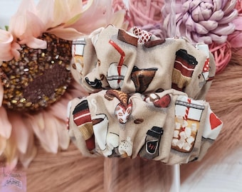 Cute Coffee Cups Scrunchie, Coffee Shop Hair Ties, Latte and Espresso Scrunchie, Wide Elastic Scrunchie