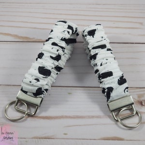 Crows and Moons Scrunchie Keychain, Crow Design Wristlets, Black Bird and Celestial Key Fobs, Halloween Stretchy Elastic Keychain