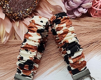 Cow Print Scrunchie Keychain: Handmade Cotton Wristlet Key Fob