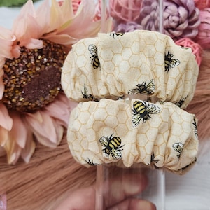 Cute Mini Glitter Bees on Honeycomb Scrunchie, Bumble Bee Wide Elastic Hair Ties, Yellow Honeycomb and Bee Hair Accessory